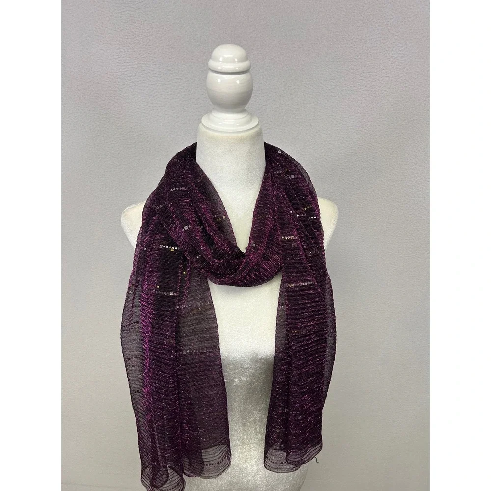 Glam Sparkle Unbranded Womens OS Purple Metallic Sequin Pleated Mesh Long Scarf